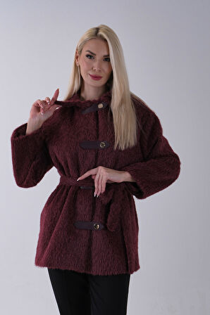Bordo Gömlek Yakalı 4 Düğme Deri Bukle Detaylı Kaşe Yün Ceket 5307122.04