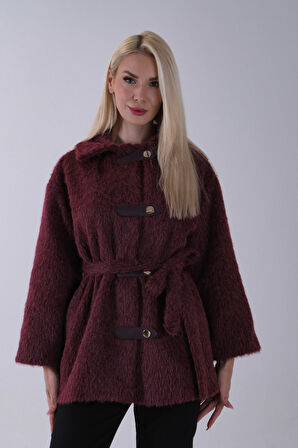 Bordo Gömlek Yakalı 4 Düğme Deri Bukle Detaylı Kaşe Yün Ceket 5307122.04