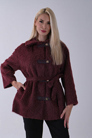 Bordo Gömlek Yakalı 4 Düğme Deri Bukle Detaylı Kaşe Yün Ceket 5307122.04