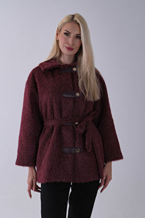 Bordo Gömlek Yakalı 4 Düğme Deri Bukle Detaylı Kaşe Yün Ceket 5307122.04