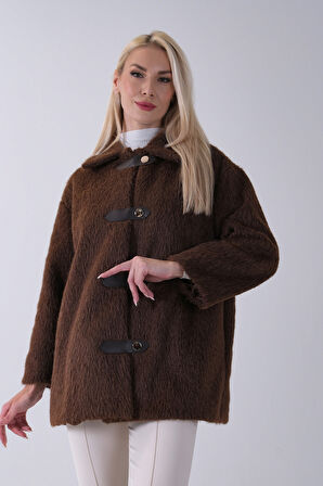 Kahve Gömlek Yakalı 4 Düğme Deri Bukle Detaylı Kaşe Yün Ceket 5307122.05