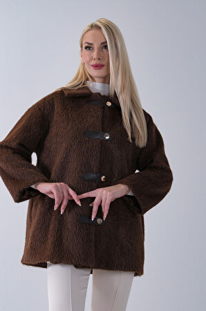 Kahve Gömlek Yakalı 4 Düğme Deri Bukle Detaylı Kaşe Yün Ceket 5307122.05