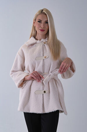 Ekru Gömlek Yakalı 4 Düğme Deri Bukle Detaylı Kaşe Yün Ceket 5307122.147