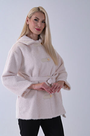 Ekru Gömlek Yakalı 4 Düğme Deri Bukle Detaylı Kaşe Yün Ceket 5307122.147