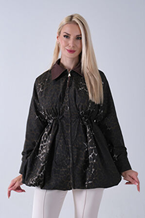 Kahve Yaka Garnili Leopar Desenli Beli Lastikli Trenç 5309347.05