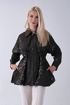 Kahve Yaka Garnili Leopar Desenli Beli Lastikli Trenç 5309347.05