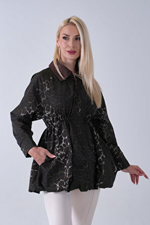 Kahve Yaka Garnili Leopar Desenli Beli Lastikli Trenç 5309347.05