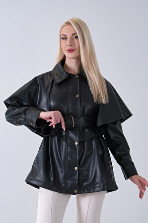 Siyah Yakalı Kendinden Pelerinli Kemerli Deri Ceket 5309366.01