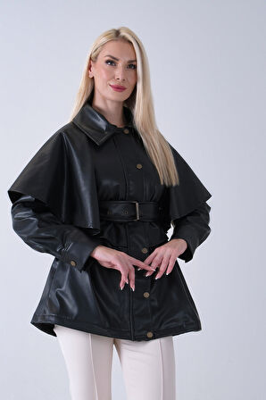 Siyah Yakalı Kendinden Pelerinli Kemerli Deri Ceket 5309366.01