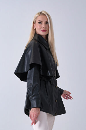 Siyah Yakalı Kendinden Pelerinli Kemerli Deri Ceket 5309366.01