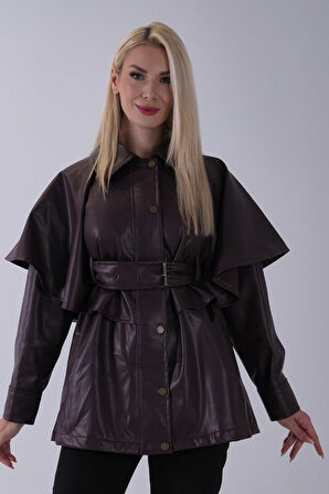 Bordo Yakalı Kendinden Pelerinli Kemerli Deri Ceket 5309366.04