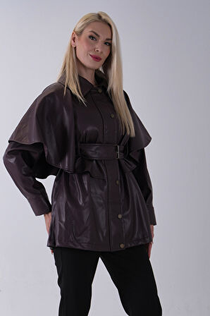 Bordo Yakalı Kendinden Pelerinli Kemerli Deri Ceket 5309366.04