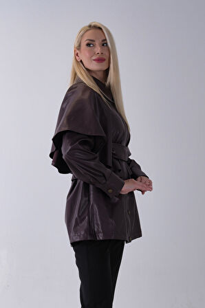 Bordo Yakalı Kendinden Pelerinli Kemerli Deri Ceket 5309366.04