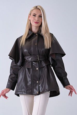 Kahve Yakalı Kendinden Pelerinli Kemerli Deri Ceket 5309366.05