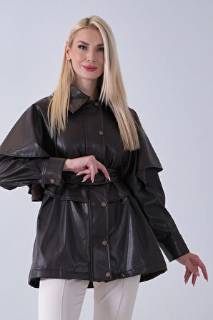 Kahve Yakalı Kendinden Pelerinli Kemerli Deri Ceket 5309366.05