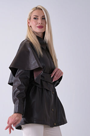 Kahve Yakalı Kendinden Pelerinli Kemerli Deri Ceket 5309366.05