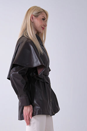 Kahve Yakalı Kendinden Pelerinli Kemerli Deri Ceket 5309366.05