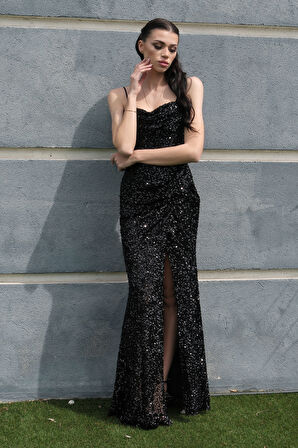 Siyah Drapeli Parlak Pul Payetli Askılı Abiye 9705539.01