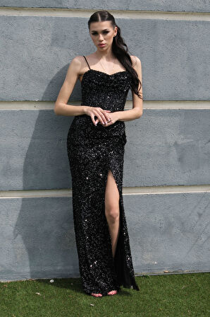 Siyah Drapeli Parlak Pul Payetli Askılı Abiye 9705539.01