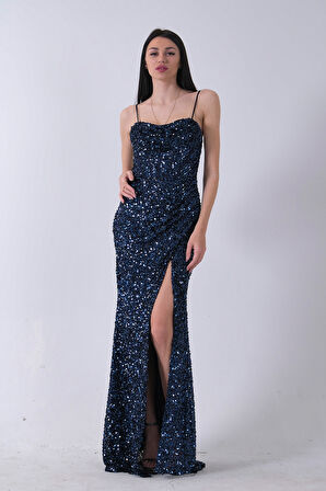 Lacivert Drapeli Parlak Pul Payetli Askılı Abiye 9705539.02