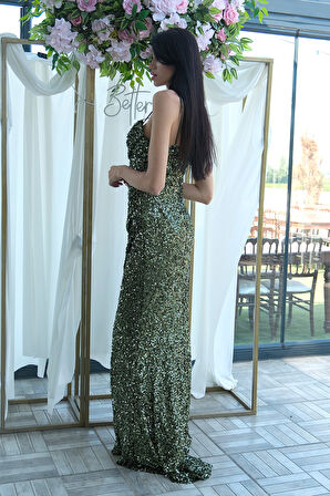 Haki Drapeli Parlak Pul Payetli Askılı Abiye 9705539.23