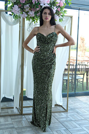 Haki Drapeli Parlak Pul Payetli Askılı Abiye 9705539.23