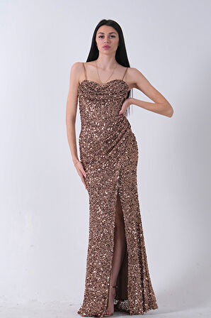 Bakır Drapeli Parlak Pul Payetli Askılı Abiye 9705539.231