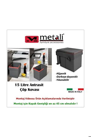 Kapağa Monte Çöp Kutusu Antrasit 15 Litre, minimum kapak genişliği 45 cm. MADE IN ITALY