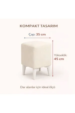 Dekoratif Kare Puf 35x35x45 cm – Krem babyface Kumaş05, Beyaz Ayaklı Modern Tasarım