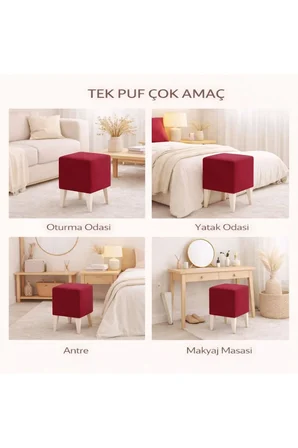 Dekoratif Kare Puf 35x35x45 cm – Nar Kırmızısı Baybface Kumaş, Beyaz Ayaklı Modern Tasarım