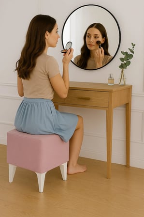 Dekoratif Kare Puf 35x35x45 cm – Pudra babyface Kumaş, Beyaz Ayaklı Modern Tasarım