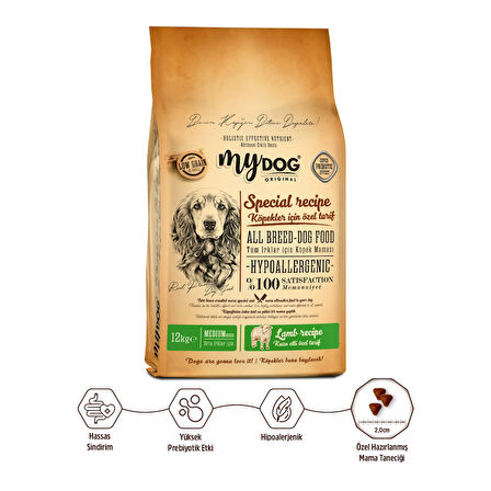 MyDog Original Az Tahıllı Kuzu Etli Küçük ve Orta Irklar İçin Köpek Maması 12kg