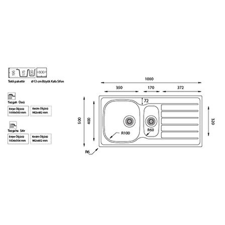 Ukinox Eviye Hypnos 100 1.5 Göz Dekorlu Sol 100X50