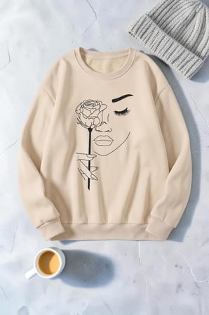 Unisex Gül & Silüet Baskılı Bisiklet Yaka Sweatshirt