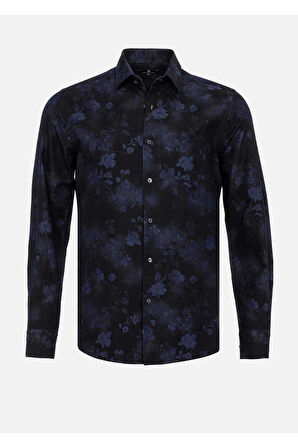 Emilio Lacivert Renk Çiçek Desenli Denim Gömlek