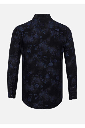 Emilio Lacivert Renk Çiçek Desenli Denim Gömlek