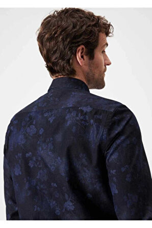 Emilio Lacivert Renk Çiçek Desenli Denim Gömlek