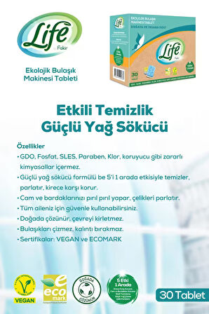 Ekolojik Vegan Bulaşık Makinesi Tablet Deterjanı 30'lu - Güçlü Yağ Sökücü, %100 Doğal Temizlik