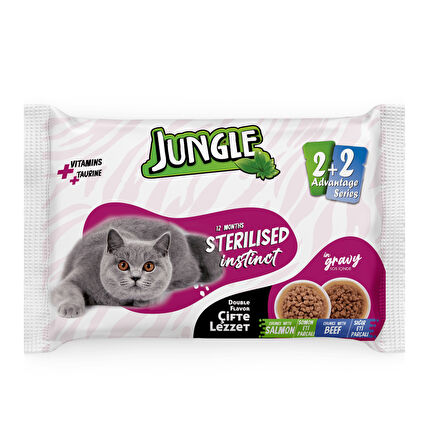 Jungle 4*100 Gr. Çift Lezzet Pouch Kısır Kedi Somon - Biftek