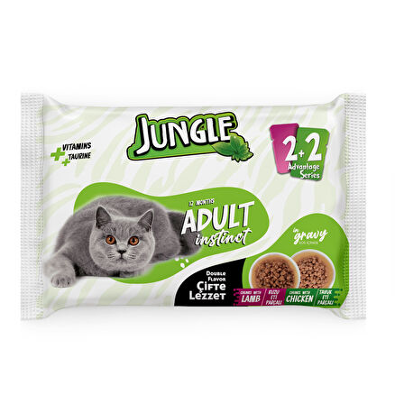 Jungle 4*100 Gr. Çift Lezzet Pouch Yetişkin Kedi Kuzulu - Tavuklu