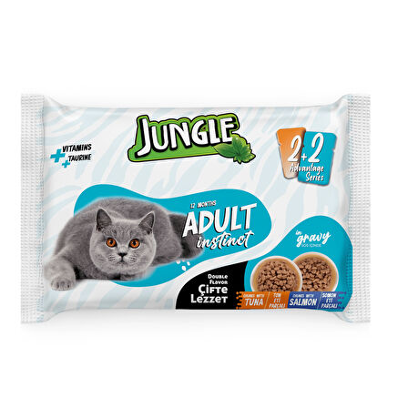 Jungle 4*100 Gr. Çift Lezzet Pouch Yetişkin Kedi Ton - Somonlu