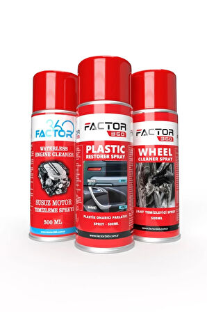 Factor360 Lastik Parlatıcı Sprey - Susuz Motor Temizleyici - Jant Temizleme Spreyi Avantajlı 3 Ürünlü Özel Paket