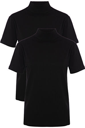 Kadın 2 li Paket Kısa Kollu Pamuklu Likralı Balıkçı Yaka 3257