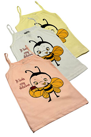 Kız Çocuk 3 lü Paket İnce Askılı Pamuklu Likralı Baskılı Atlet 1425