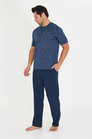 ERKEK JAKARLI POLYVİSKON KISA KOL PİJAMA TAKIMI - LACİVERT