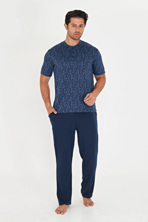 ERKEK JAKARLI POLYVİSKON KISA KOL PİJAMA TAKIMI - LACİVERT