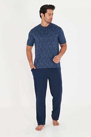 ERKEK JAKARLI POLYVİSKON KISA KOL PİJAMA TAKIMI - LACİVERT