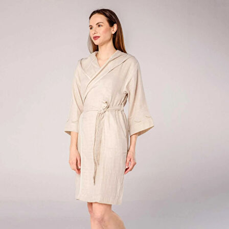 Kapüşonlu Kadın Müslin Bornoz Bej