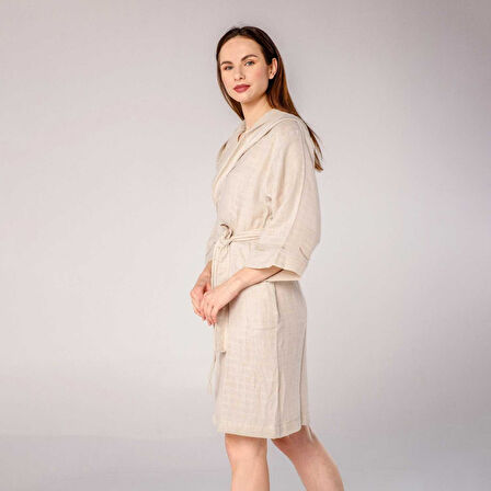 Kapüşonlu Kadın Müslin Bornoz Bej