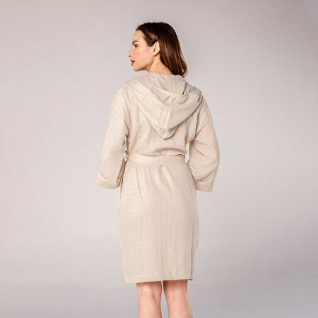 Kapüşonlu Kadın Müslin Bornoz Bej